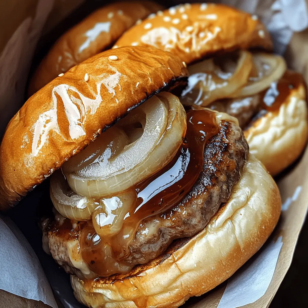 These French Onion Burgers bring the classic flavors of your favorite French onion soup right into a juicy burger! With sweet caramelized onions and melted cheese, each bite is a delicious combination of savory goodness. Perfect for your summer grill parties or cozy weeknight dinners, don't forget to save this recipe for your next meal!