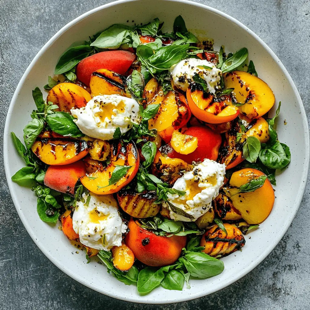 Experience a delightful mix of sweet and creamy with this Grilled Peach and Burrata Salad. Juicy grilled peaches paired with fresh burrata create a perfect balance of flavors. Tossed with arugula and drizzled with a balsamic glaze, it's a beautiful dish for summer gatherings or any special occasion. Save this recipe for a refreshing salad that will impress your guests!