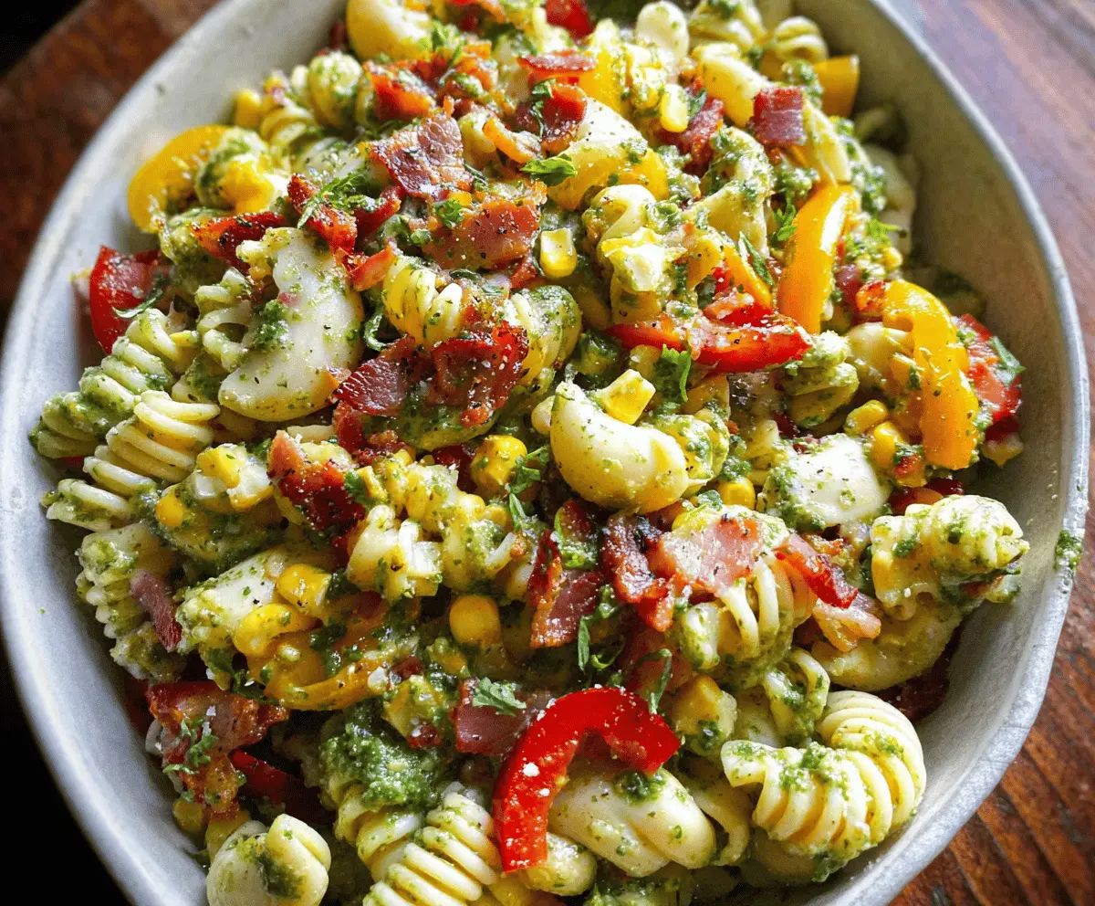 Easy Corn Pasta Salad with Bacon and Creamy Pesto