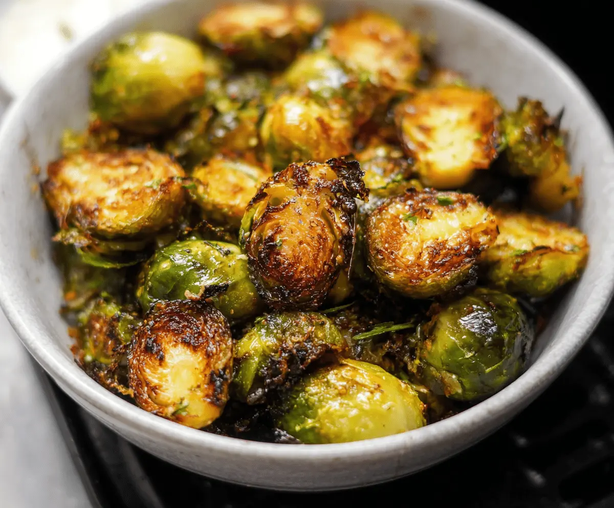 Crispy air fryer Brussels sprouts garnished with herbs on a white plate ready to serve