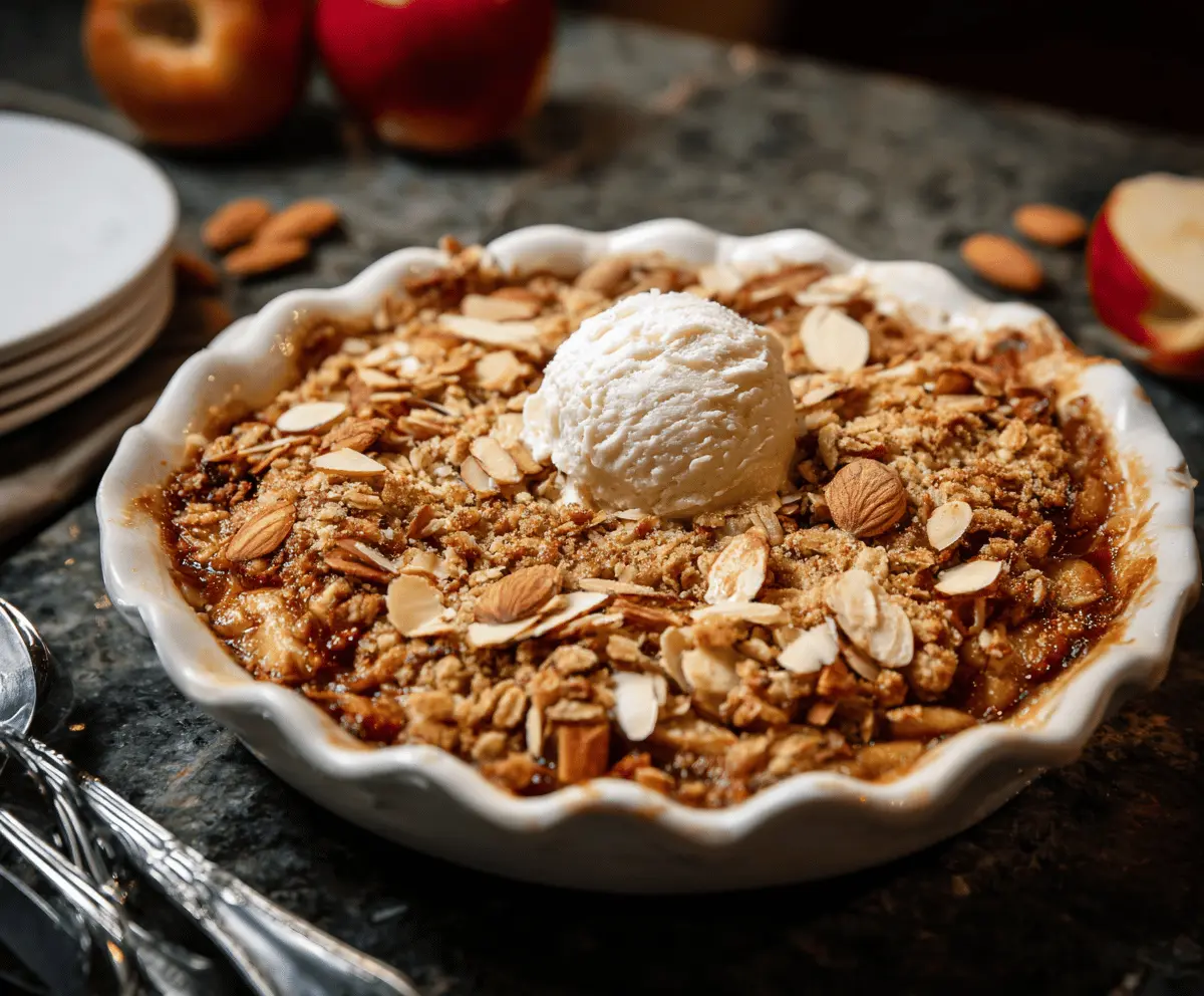 Delicious homemade almond apple crisp with golden baked apples, crunchy almond topping, and cinnamon garnished with fresh mint, perfect for dessert or fall treats.