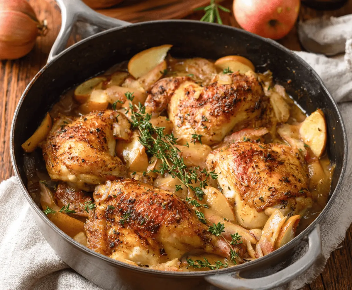 Juicy apple cider chicken cooked with fresh apples and herbs, served on a plate for a delicious, flavorful meal