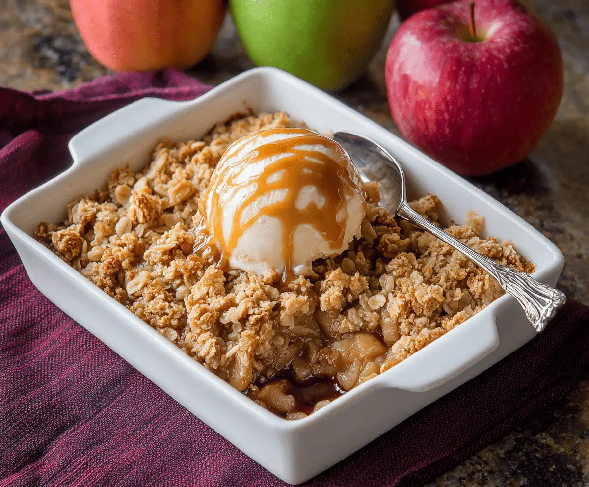 Delicious homemade Apple Cider Glazed Apple Crisp topped with golden brown crust and fresh apple slices, perfect for cozy fall desserts.
