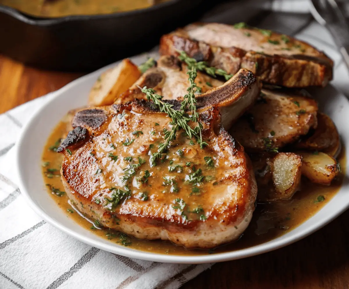 Juicy apple cider pork chops served with mashed potatoes and fresh green beans on a rustic wooden table.