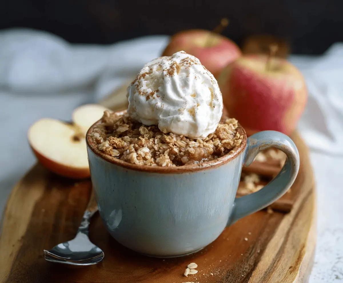 Delicious homemade Apple Crisp in a mug topped with golden oat crumble, perfect for a cozy dessert or snack.