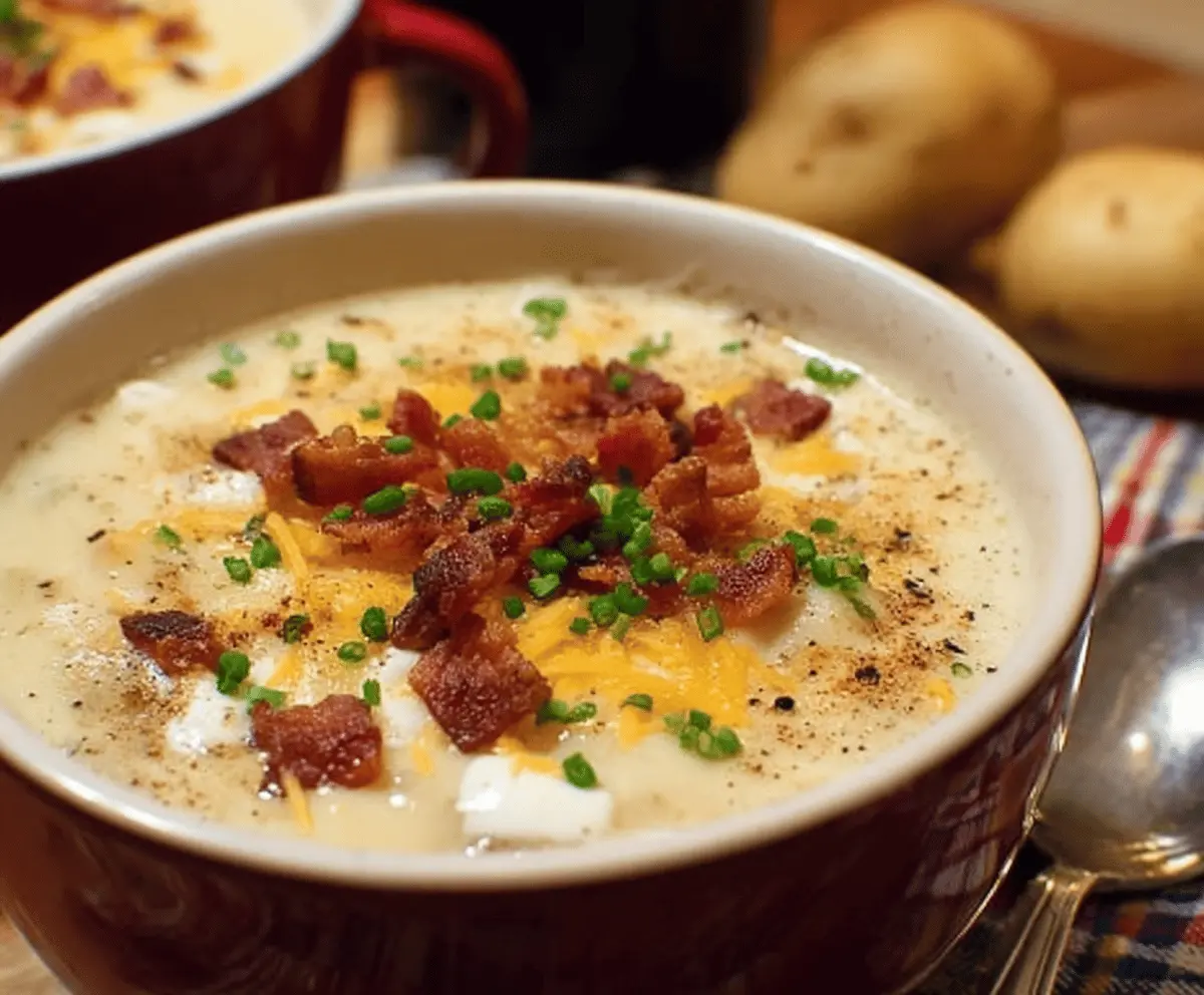 Creamy Bacon Potato Soup with crispy bacon, diced potatoes, and fresh herbs in a bowl, perfect for a comforting meal.