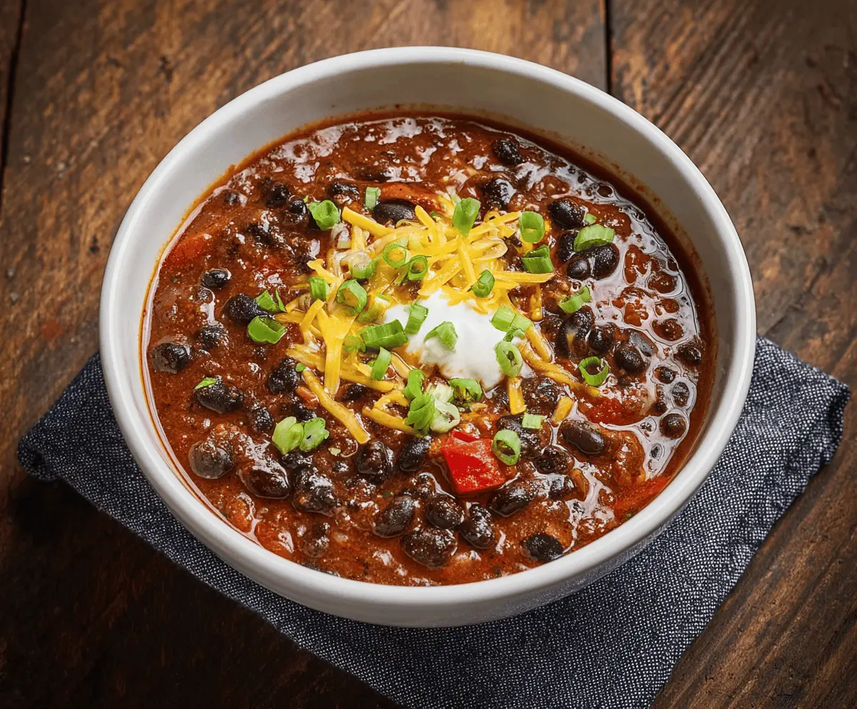 Hearty black bean chili topped with fresh herbs in a rustic bowl, perfect for a comforting and healthy meal.