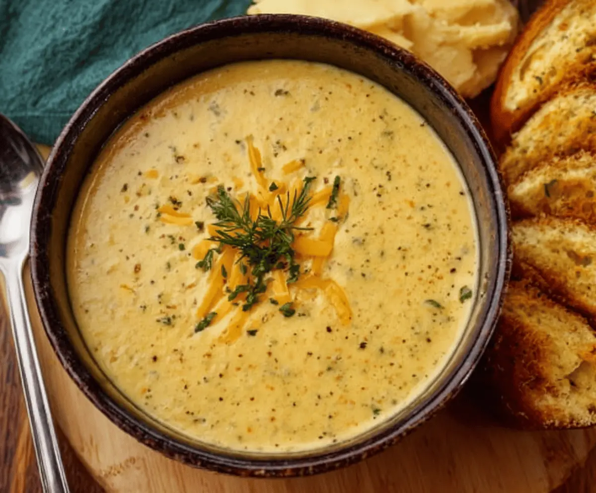 Creamy Cheddar Garlic Herb Potato Soup topped with melted cheese and fresh herbs in a rustic bowl, perfect for comforting homemade meals.