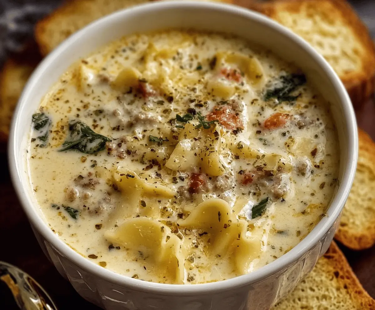 Creamy Cheesy Alfredo Lasagna Soup with layers of melted cheese, pasta, and rich Alfredo sauce in a bowl