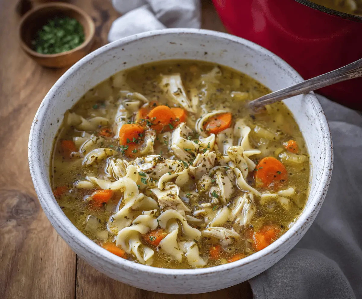 A steaming bowl of homemade chicken noodle soup with tender chicken, colorful vegetables, and hearty noodles, served in a white ceramic bowl on a wooden table.