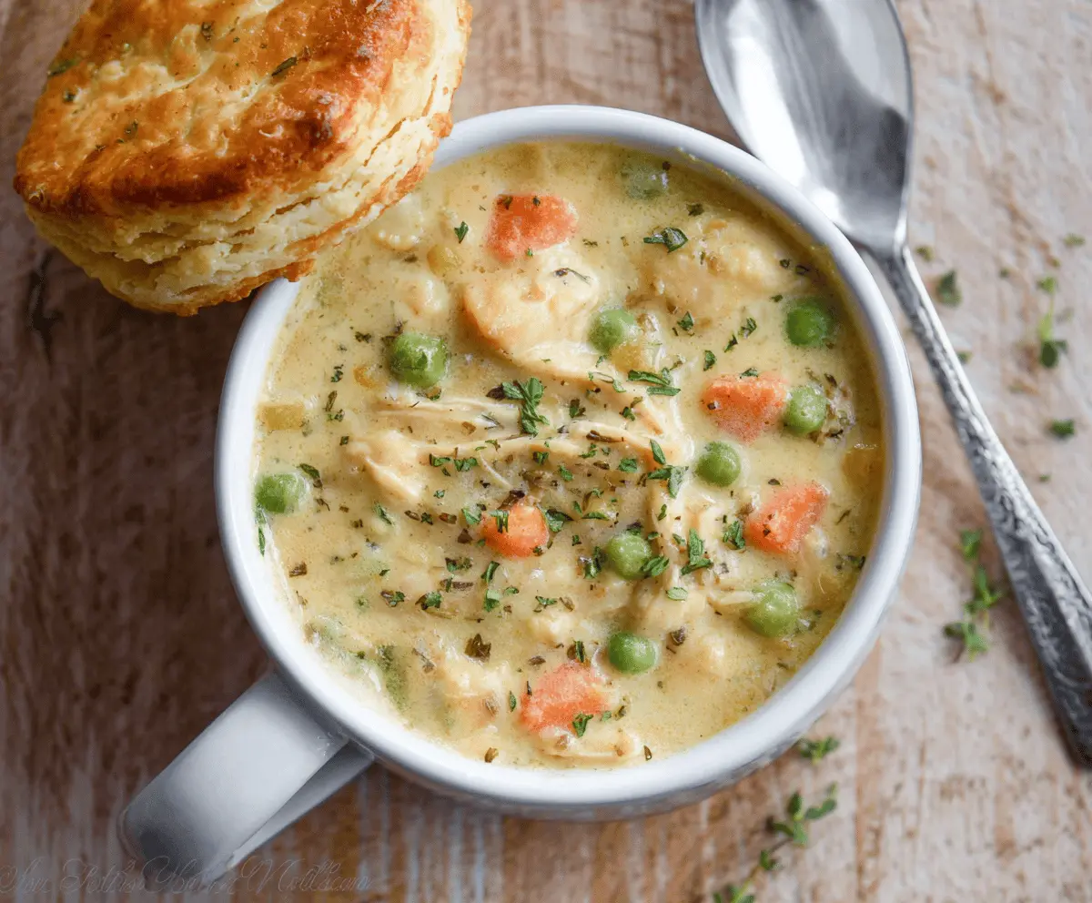 Creamy chicken pot pie soup topped with golden crust and fresh herbs in a bowl, perfect for cozy comfort meals.