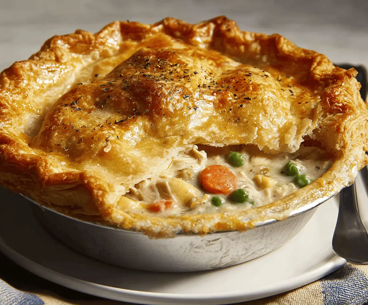 Delicious homemade chicken pot pie topped with golden flaky crust, filled with tender chicken, vegetables, and creamy sauce.