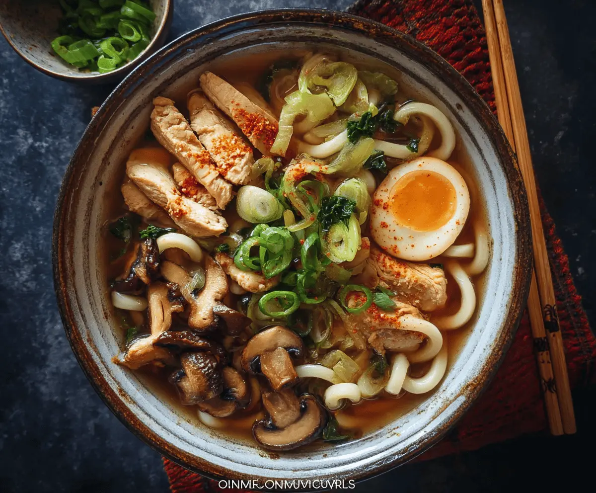 Warm bowl of chicken udon noodle soup topped with green onions and sliced chicken, served in a clear broth with thick udon noodles, perfect for comforting Asian-style comfort food.