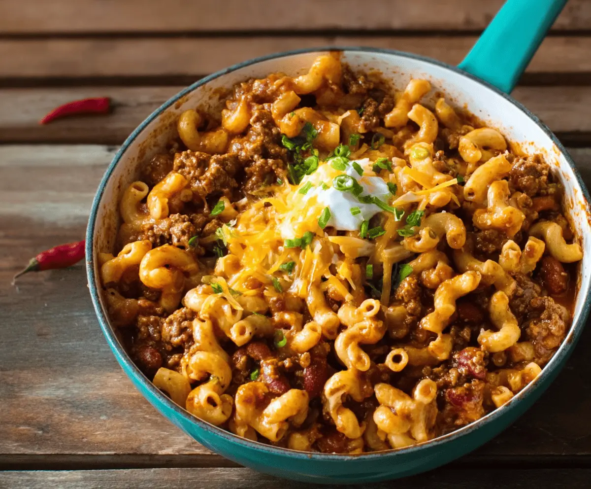 Creamy Chili Mac dish with seasoned ground beef, macaroni pasta, and melted cheese topped with chopped green onions, served in a bowl
