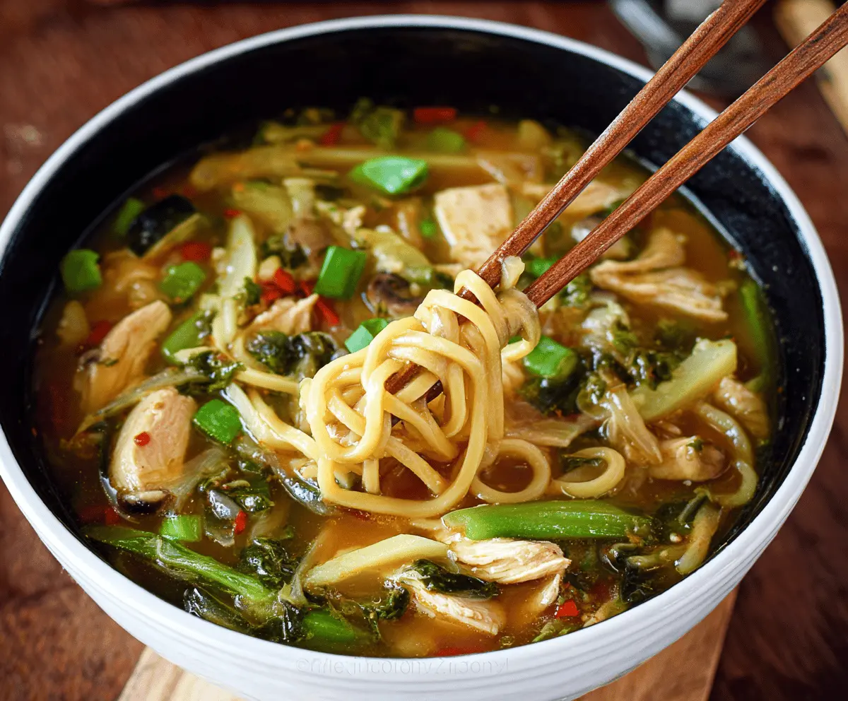 A steaming bowl of Chinese Chicken Noodle Soup with tender chicken, vegetables, and flavorful broth garnished with green onions and herbs.