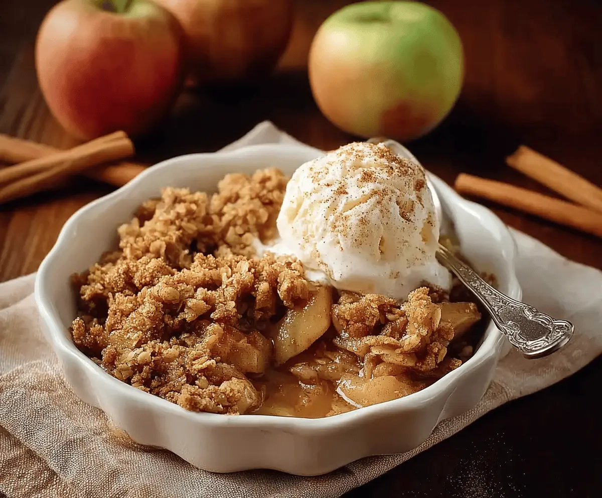 Delicious homemade cinnamon apple crisp topped with golden brown crumble, served in a bowl with fresh apple slices and a sprinkle of cinnamon for a warm, comforting dessert.