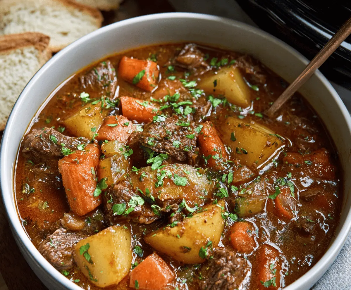 Hearty Crockpot Beef Stew with tender beef chunks, carrots, potatoes, and vegetables in a savory broth, served in a rustic bowl.