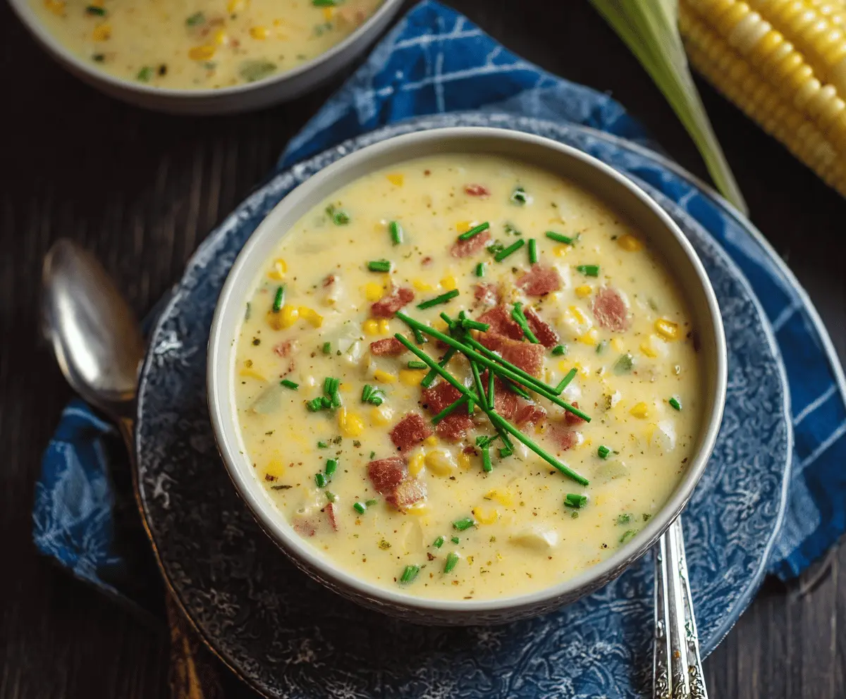 Creamy corn chowder in a bowl garnished with fresh herbs, served with crusty bread on a rustic wooden table.