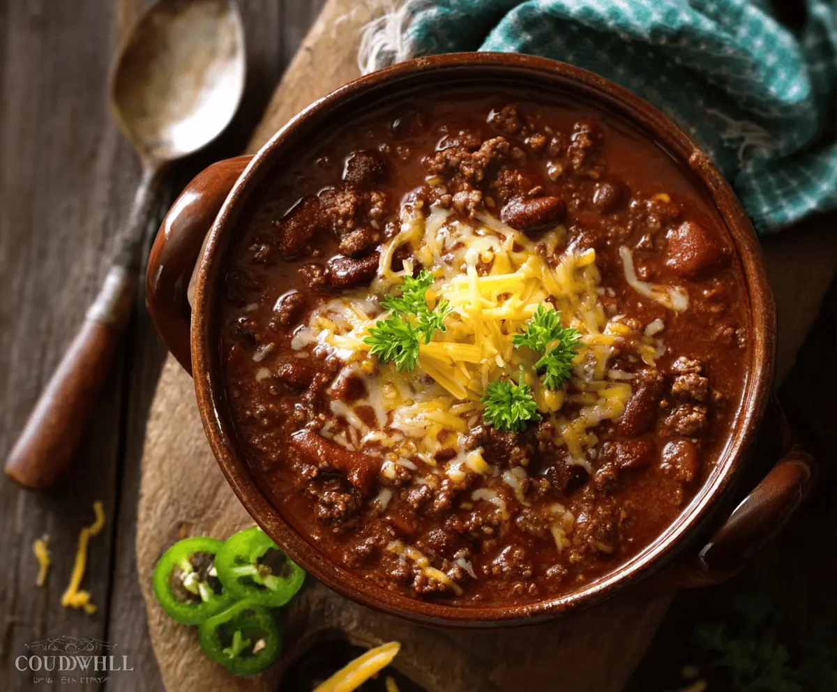 A steaming bowl of hearty Cowboy Chili topped with shredded cheese, chopped onions, and fresh cilantro, served with cornbread on the side.