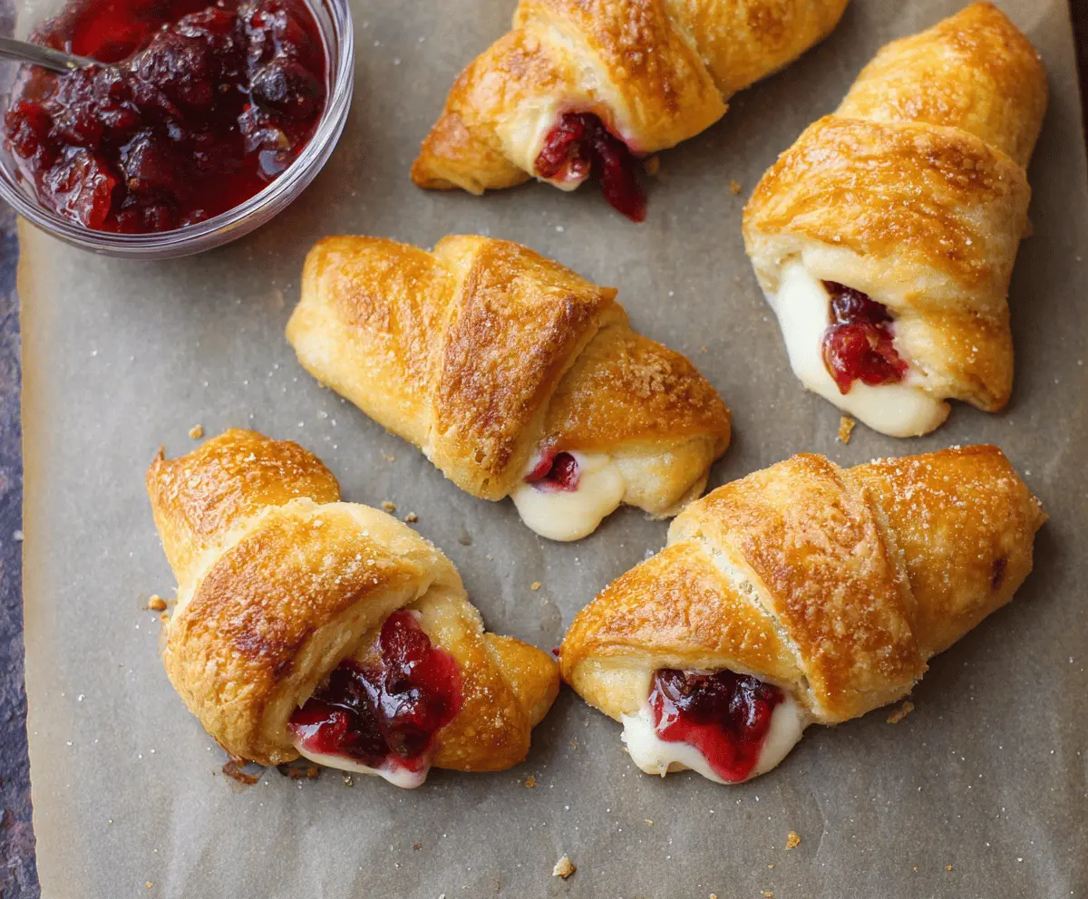 Cranberry Cream Cheese Crescent Rolls topped with fresh cranberries and flaky golden-brown crescent pastry on a white plate