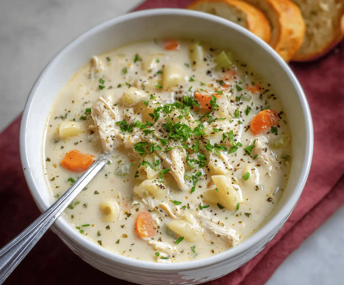 Creamy Chicken Maryland Soup served in a bowl with tender chicken, fresh herbs, and a rich, flavorful broth garnished with parsley