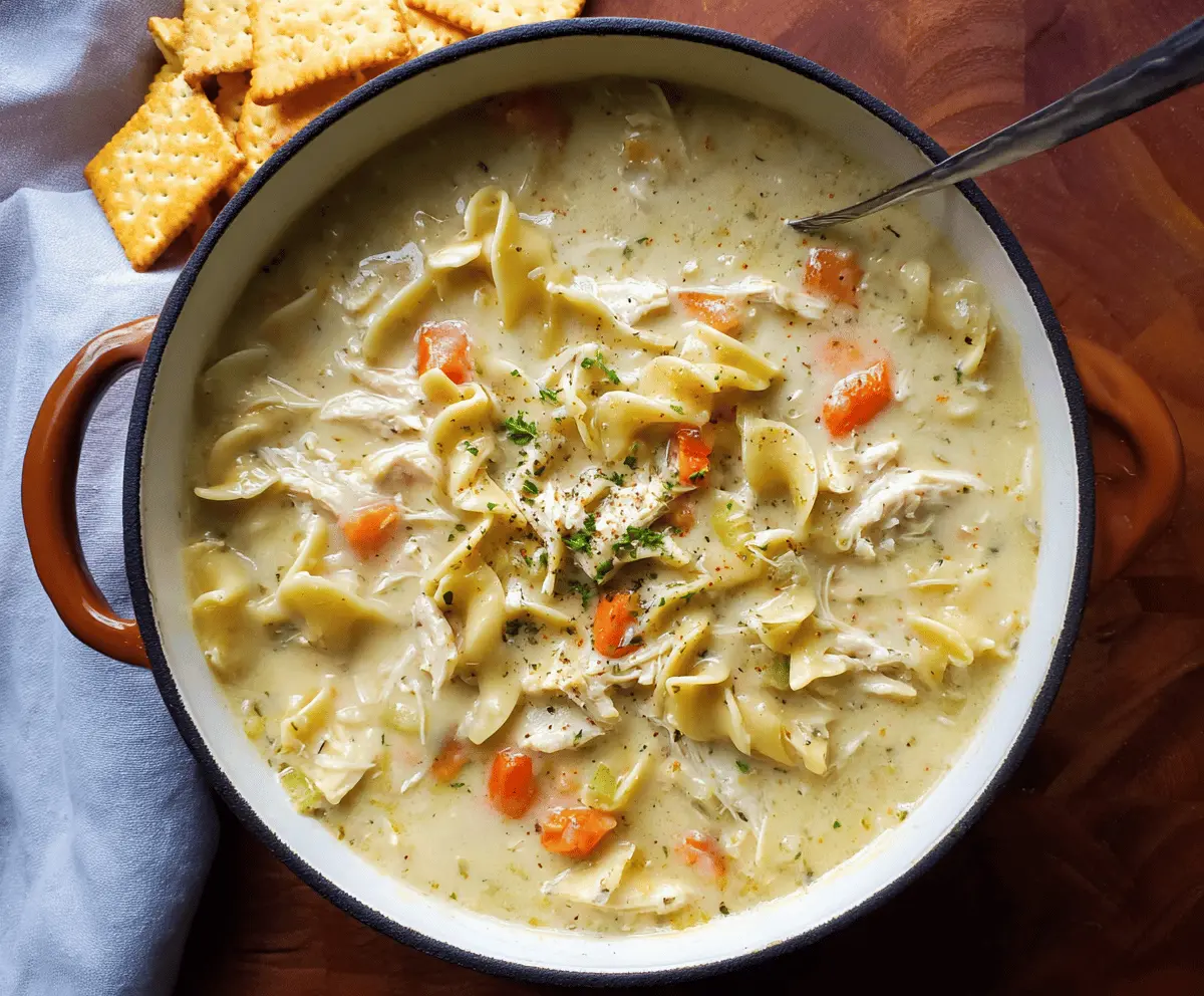 Creamy Chicken Noodle Soup in a bowl topped with fresh herbs, featuring tender chicken, noodles, and vegetables in a rich, creamy broth.