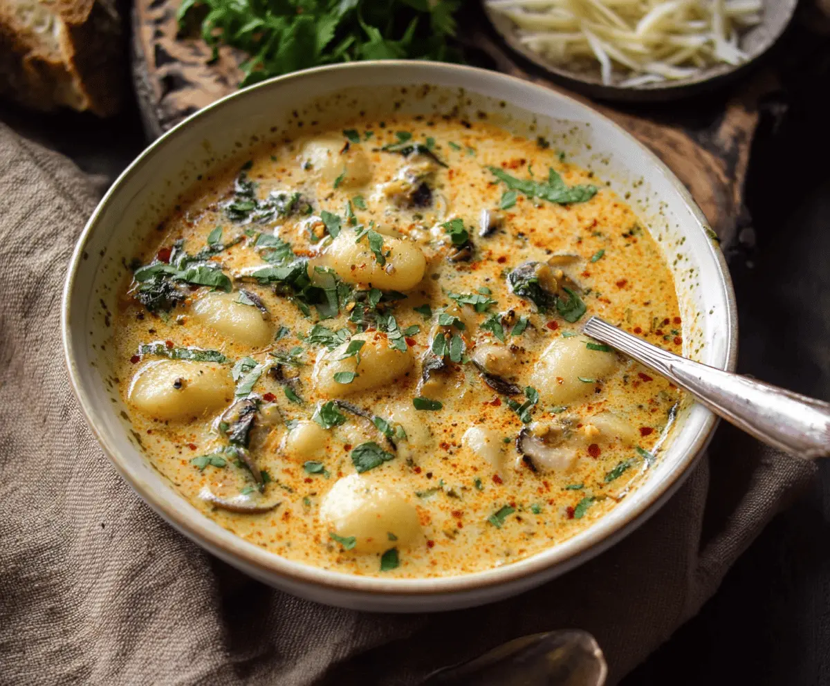 Creamy Gnocchi Soup in a bowl garnished with fresh herbs, featuring tender gnocchi, vegetables, and a rich, creamy broth