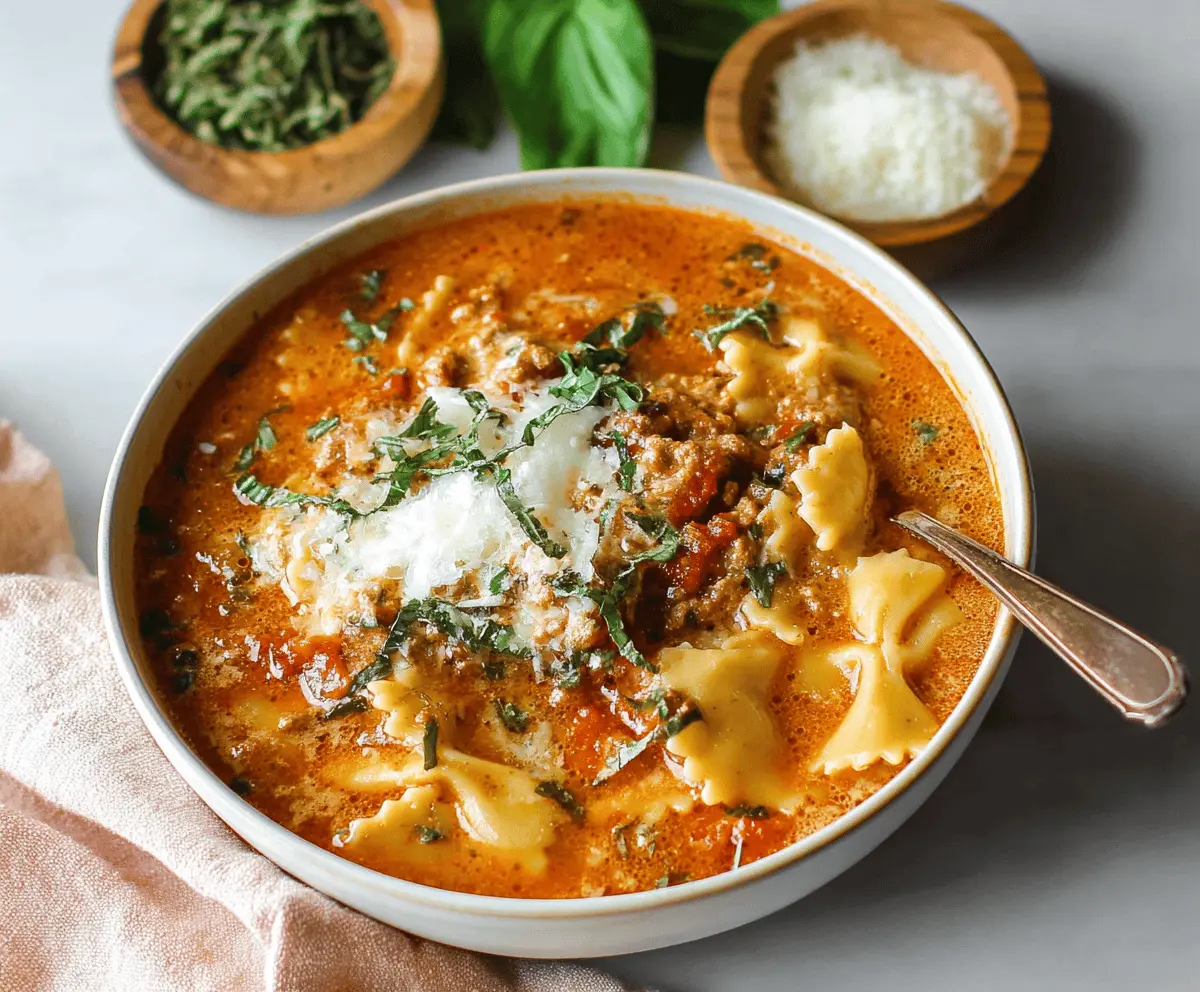 Creamy Lasagna Soup in a bowl topped with melted cheese, fresh basil, and ricotta, served with garlic bread on the side.