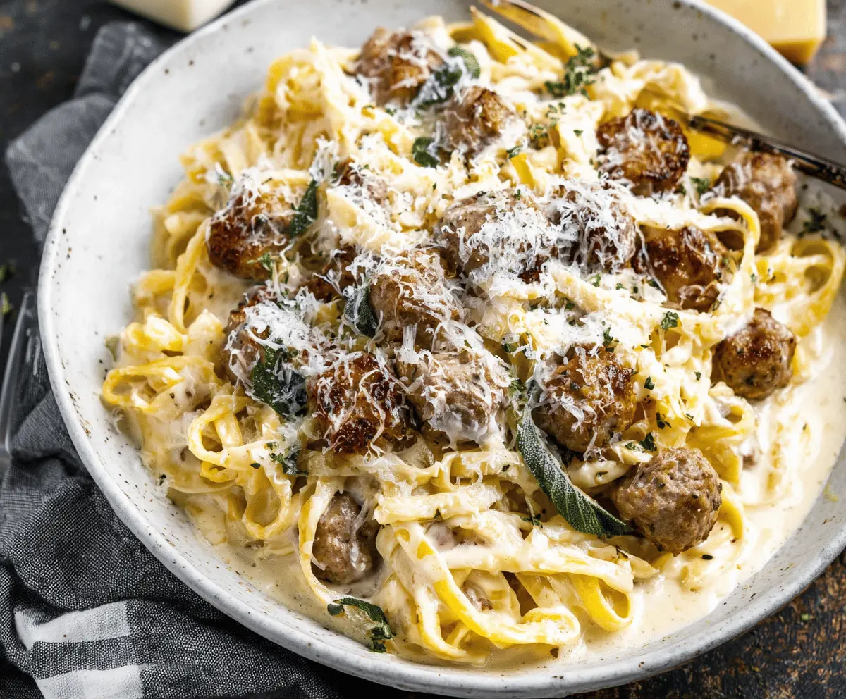Creamy sausage Alfredo pasta served in a white bowl with basil garnish, featuring rich, cheesy sauce and perfectly cooked sausage slices.