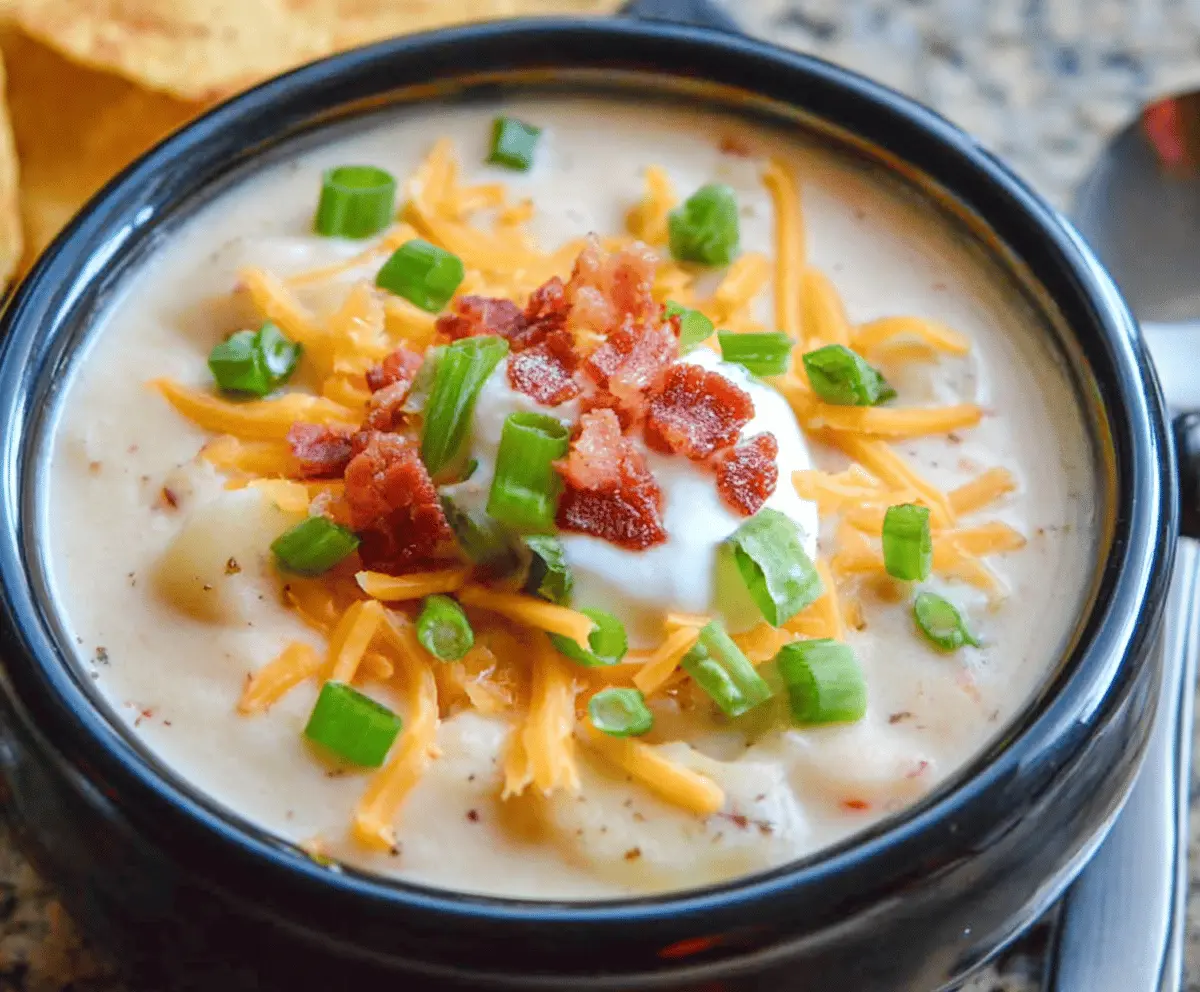 Creamy Crockpot Baked Potato Soup served in a bowl with garnishes, featuring chopped green onions and shredded cheese, perfect for a cozy meal.