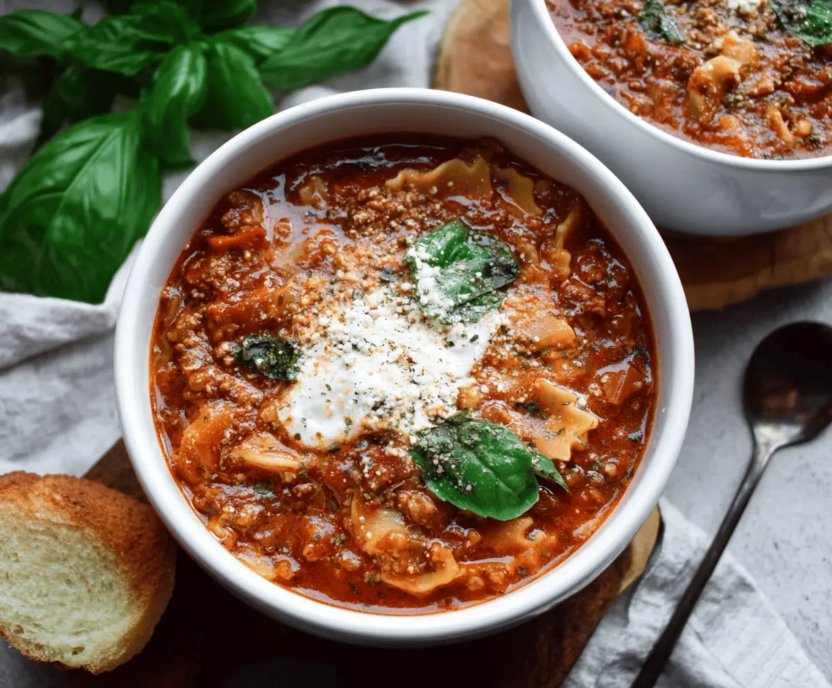 A steaming bowl of Crockpot Gluten-Free Lasagna Soup topped with melted cheese, fresh basil, and lasagna noodles, served in a rustic ceramic bowl.