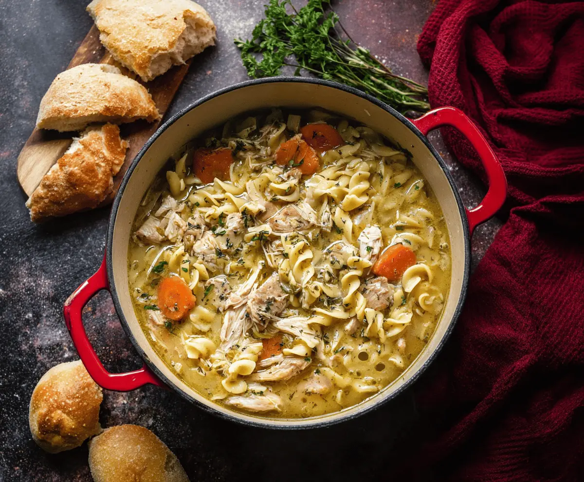 Creamy and comforting Dutch Oven Chicken Noodle Soup in a rustic pot, featuring tender chicken, egg noodles, vegetables, and fresh herbs.