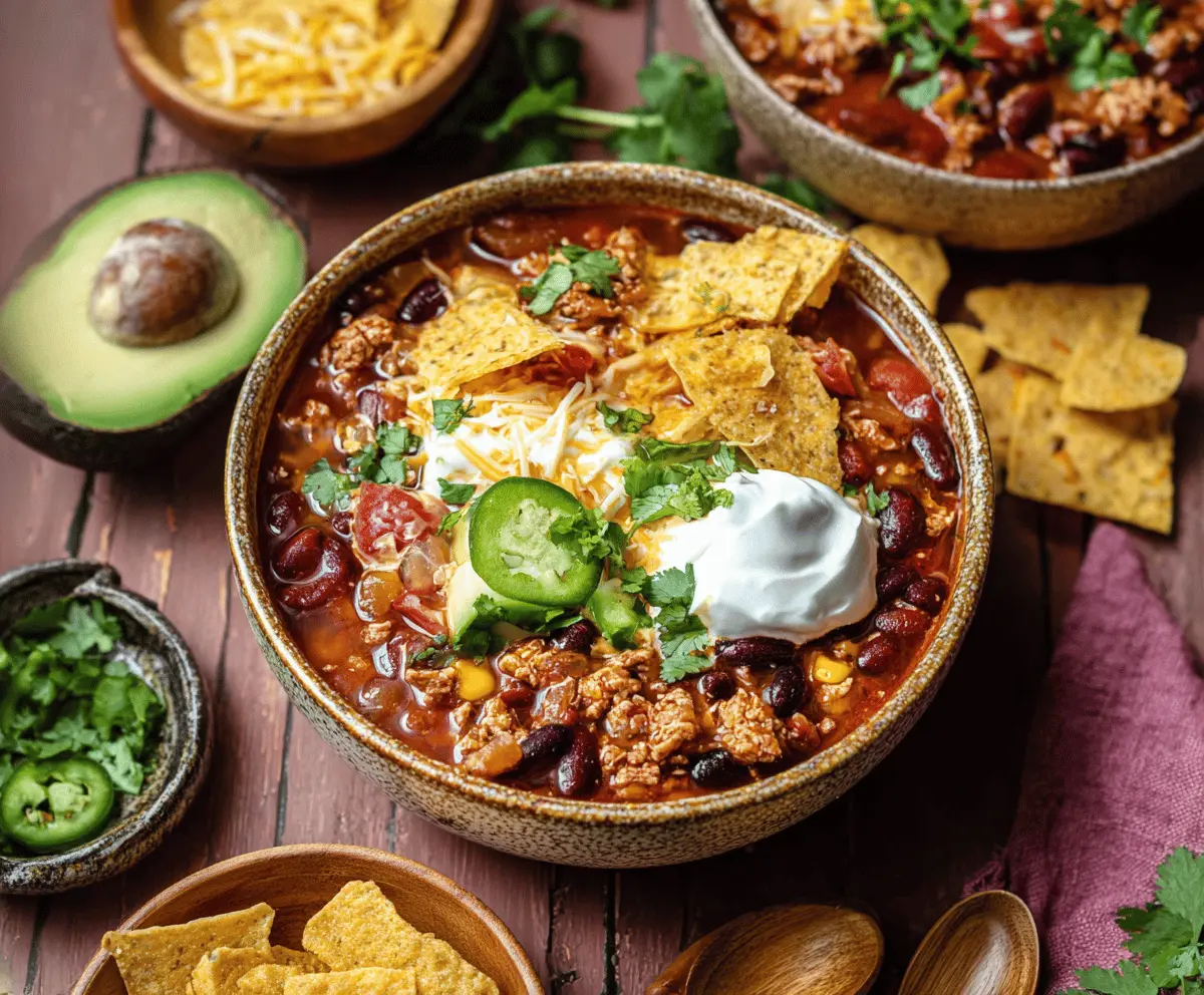 Delicious homemade enchilada chili with seasoned beef, melted cheese, and spicy red sauce served in a bowl