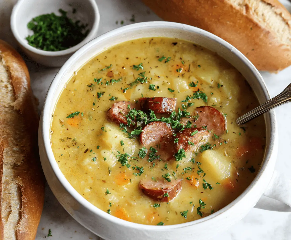 Creamy German Potato Soup garnished with fresh herbs in a bowl, served with crusty bread on a rustic table.