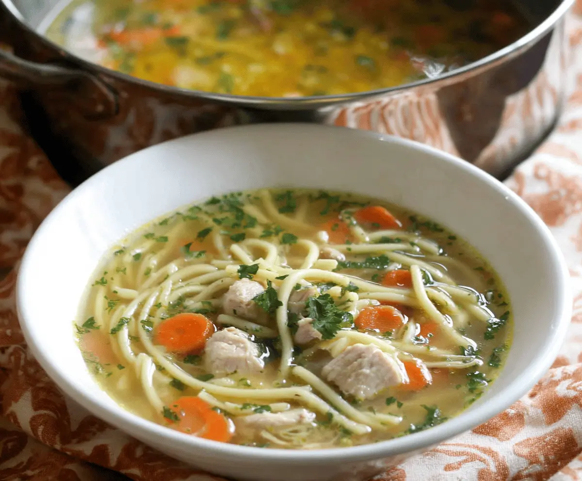A steaming bowl of gluten-free chicken noodle soup garnished with fresh herbs and vegetables, perfect for a comforting and healthy meal.