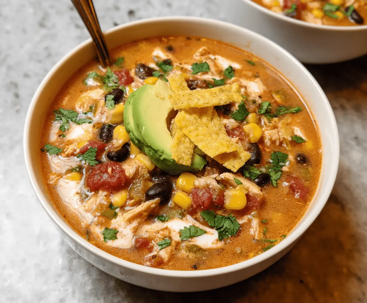 Hearty ground chicken taco soup in a bowl with toppings, ready to serve