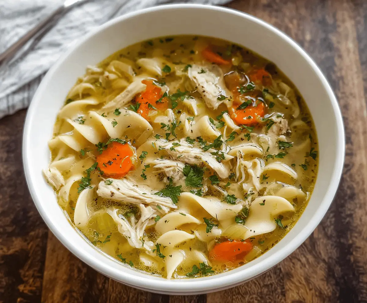 A steaming bowl of homemade Instant Pot chicken noodle soup with tender chicken, hearty noodles, fresh vegetables, and herbs, perfect for comforting meals.