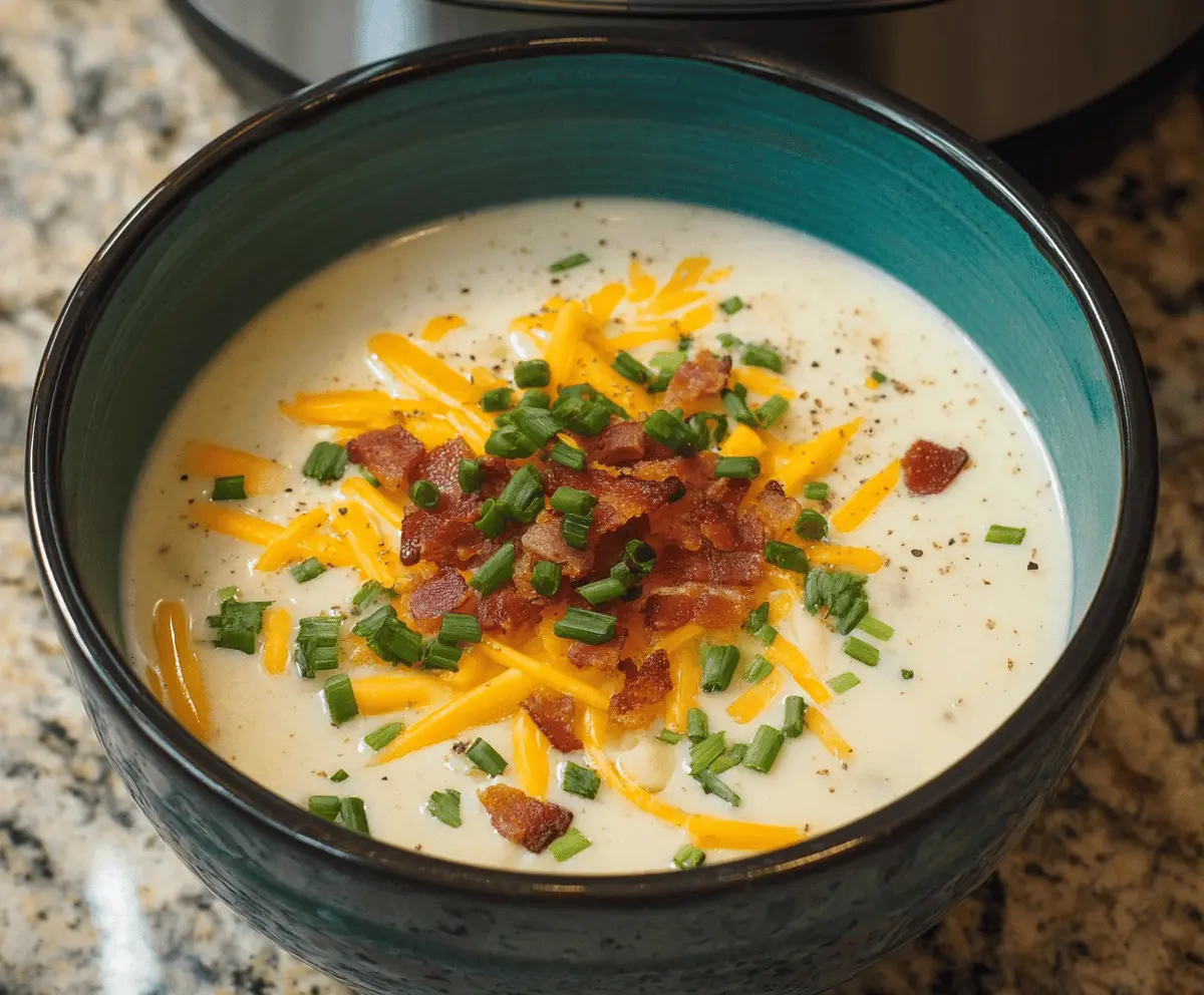 Creamy Instant Pot Potato Soup served in a bowl with chopped green onions and crispy bacon, perfect for a cozy meal.