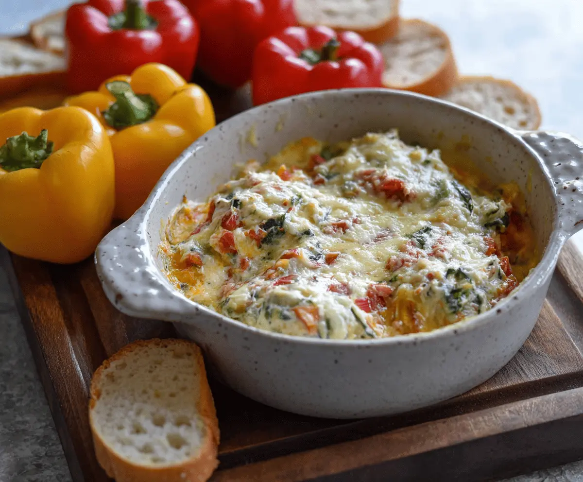 Colorful loaded bell pepper dip served in a bowl with fresh vegetable toppings and crispy tortilla chips, perfect for snacking or parties