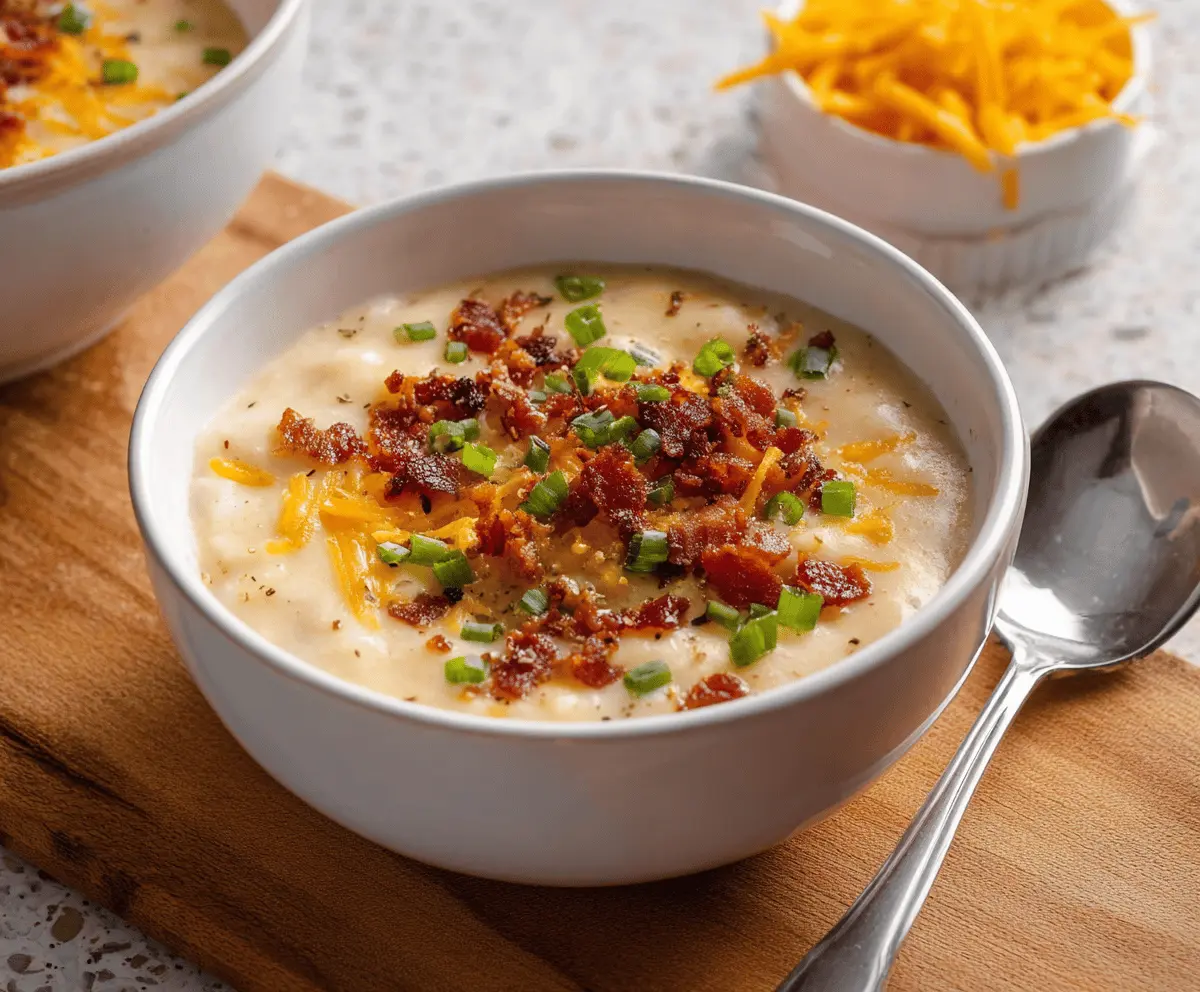 Creamy loaded potato soup topped with shredded cheese, crispy bacon bits, chopped green onions, and a dollop of sour cream in a rustic bowl
