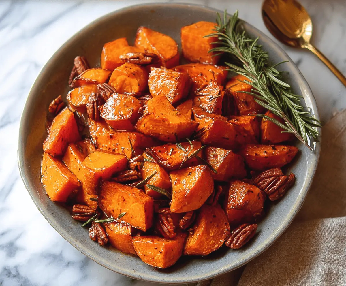Creamy roasted sweet potatoes glazed with maple syrup and seasoned with herbs, perfect for a delicious and healthy side dish.