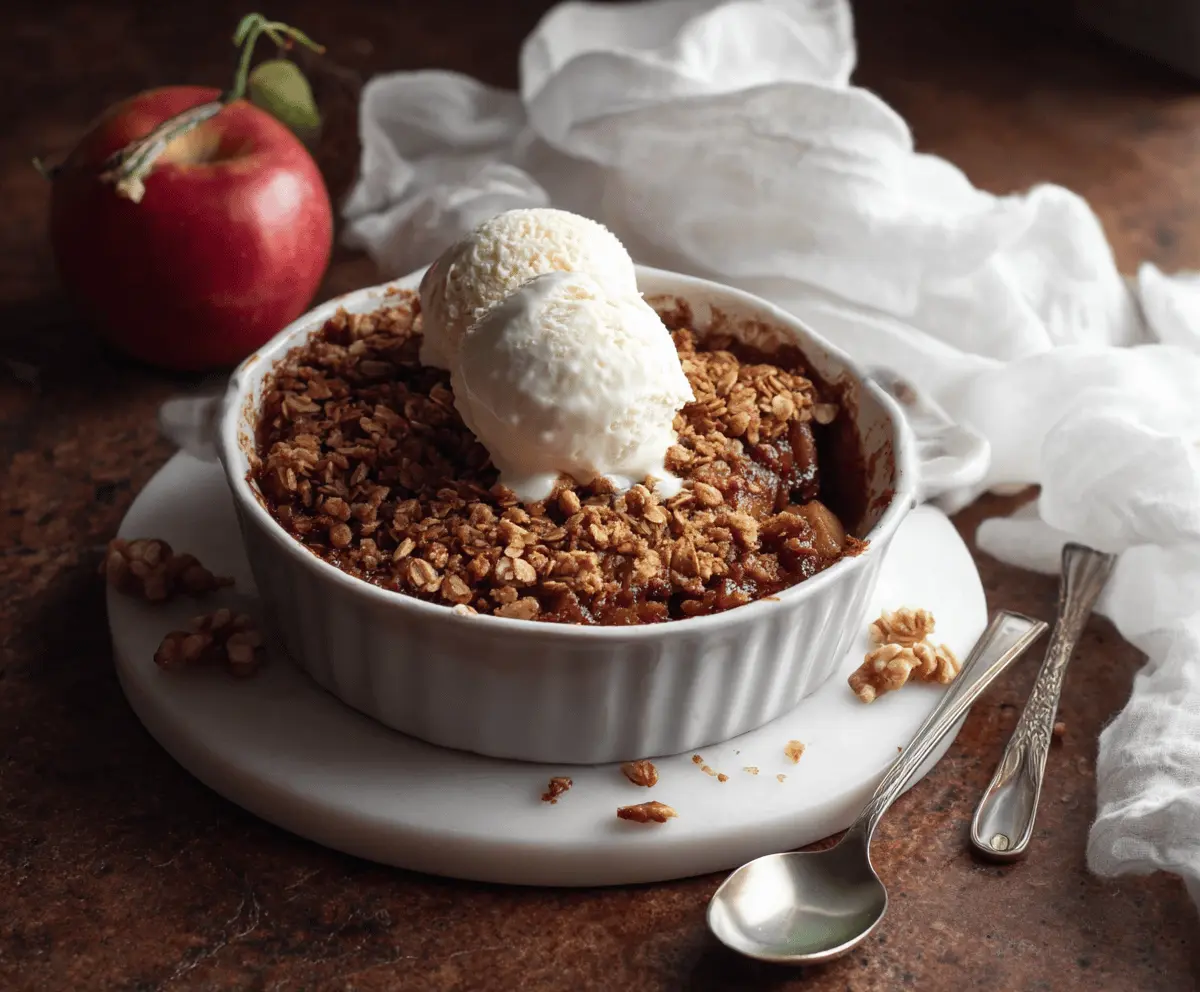 Delicious Maple Walnut Apple Crisp topped with crunchy walnuts and a golden caramel drizzle, ready to serve.