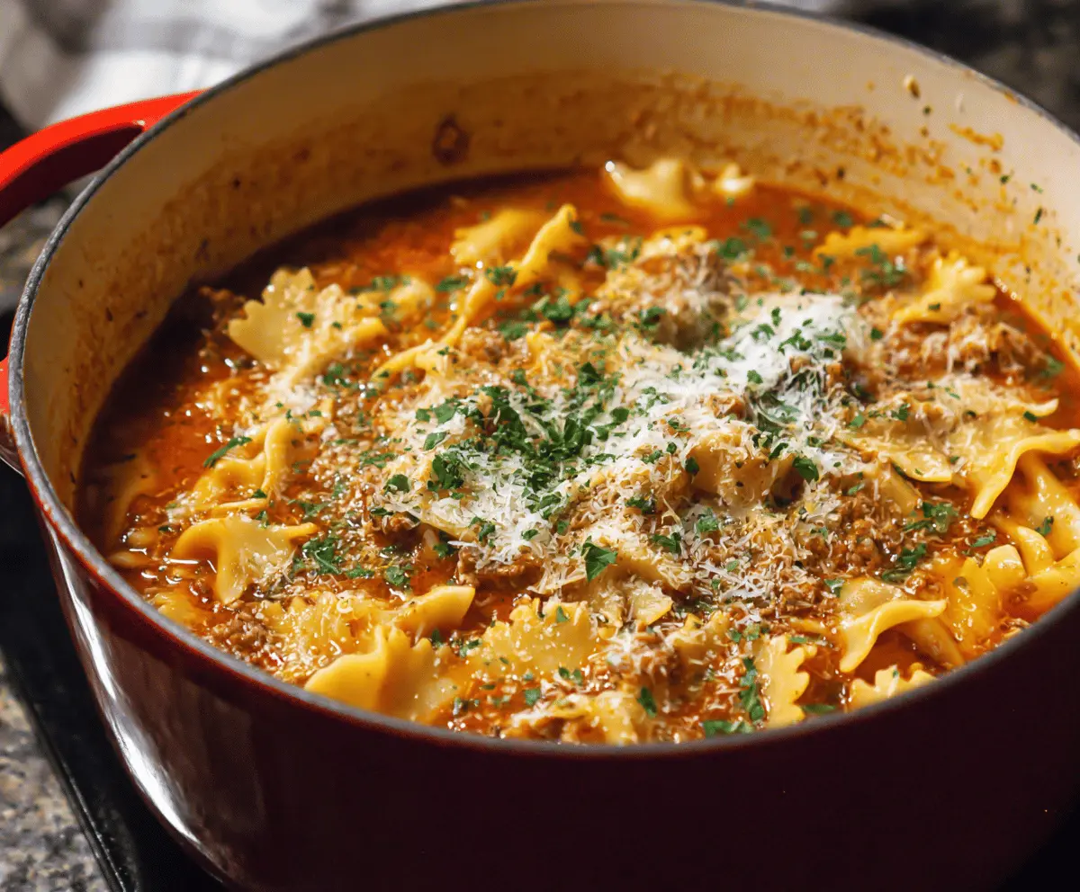 Creamy and hearty One-Pot Cheesy Lasagna Soup in a bowl topped with melted cheese and fresh herbs