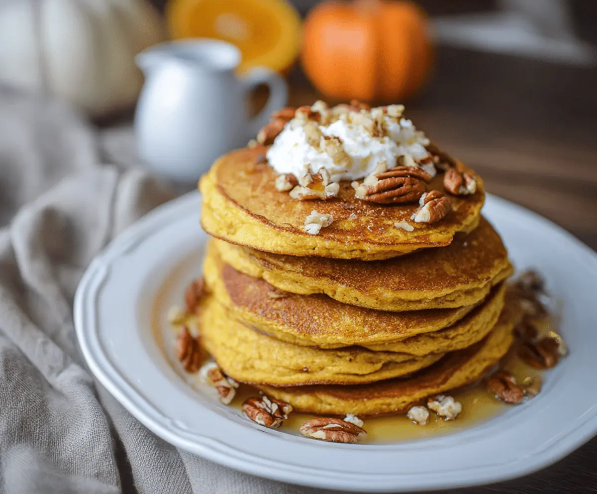 Fluffy orange pumpkin pancakes topped with whipped cream and fresh pumpkin slices on a plate, perfect for a fall breakfast feast