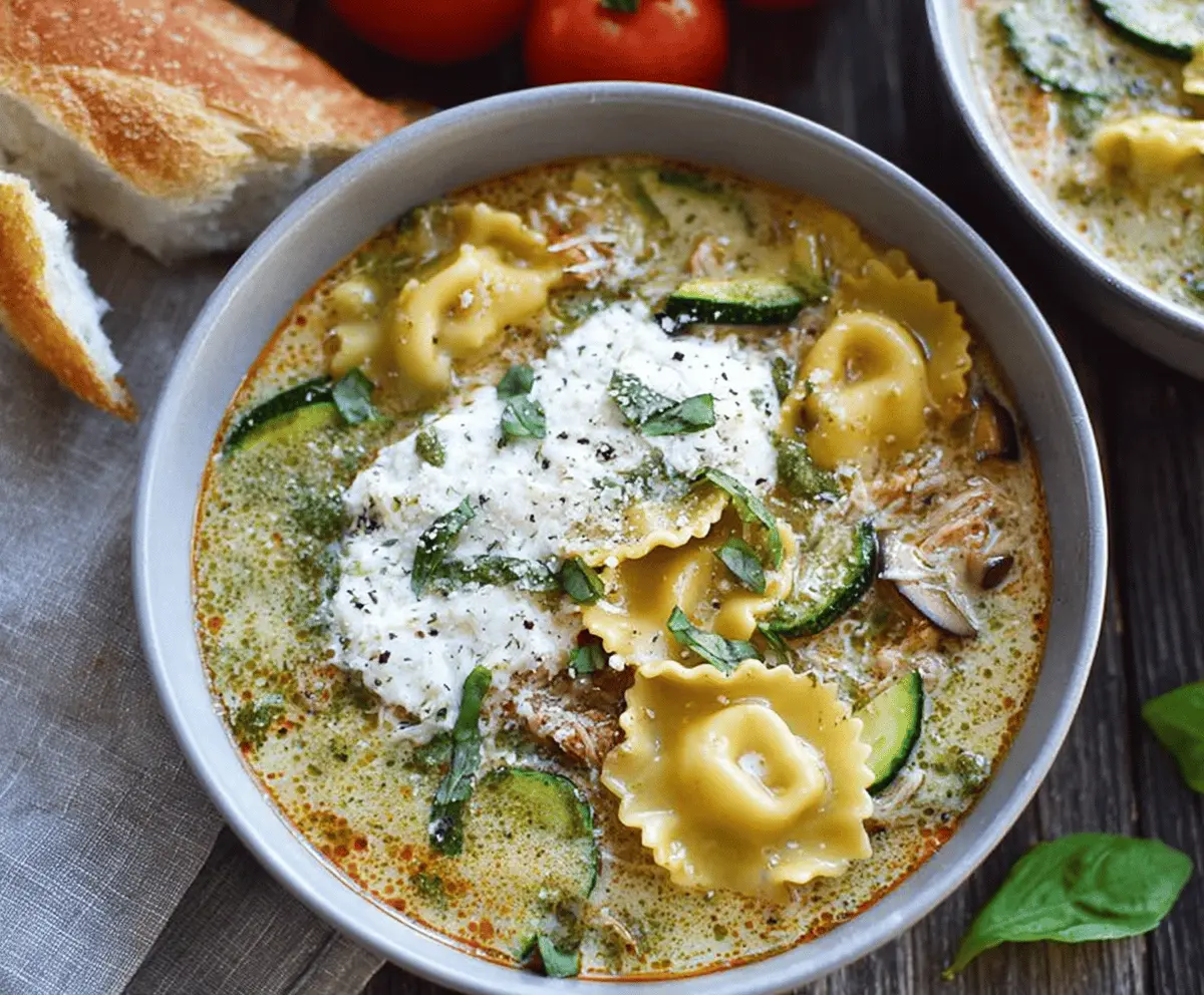 A bowl of Pesto Lasagna Soup garnished with fresh basil and melted cheese, showcasing layers of pesto, lasagna noodles, and rich broth in a cozy soup presentation.
