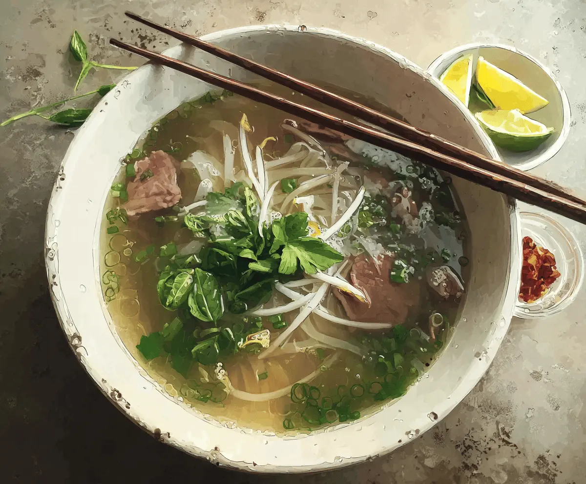 Delicious steaming bowl of traditional Vietnamese Pho with rice noodles, sliced beef, fresh herbs, and lime slices.