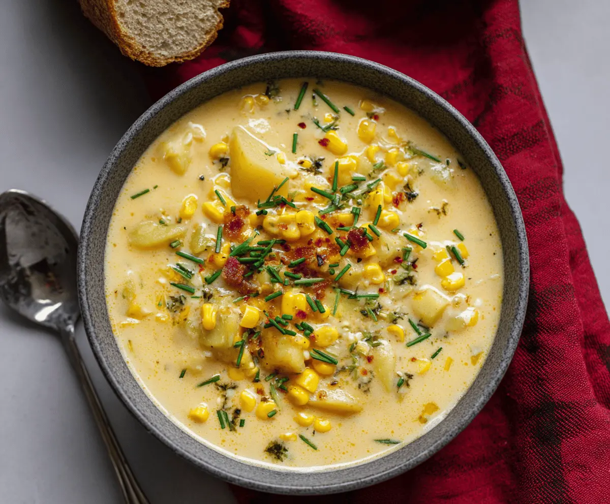 Creamy potato and corn chowder topped with fresh herbs in a bowl, served with crusty bread