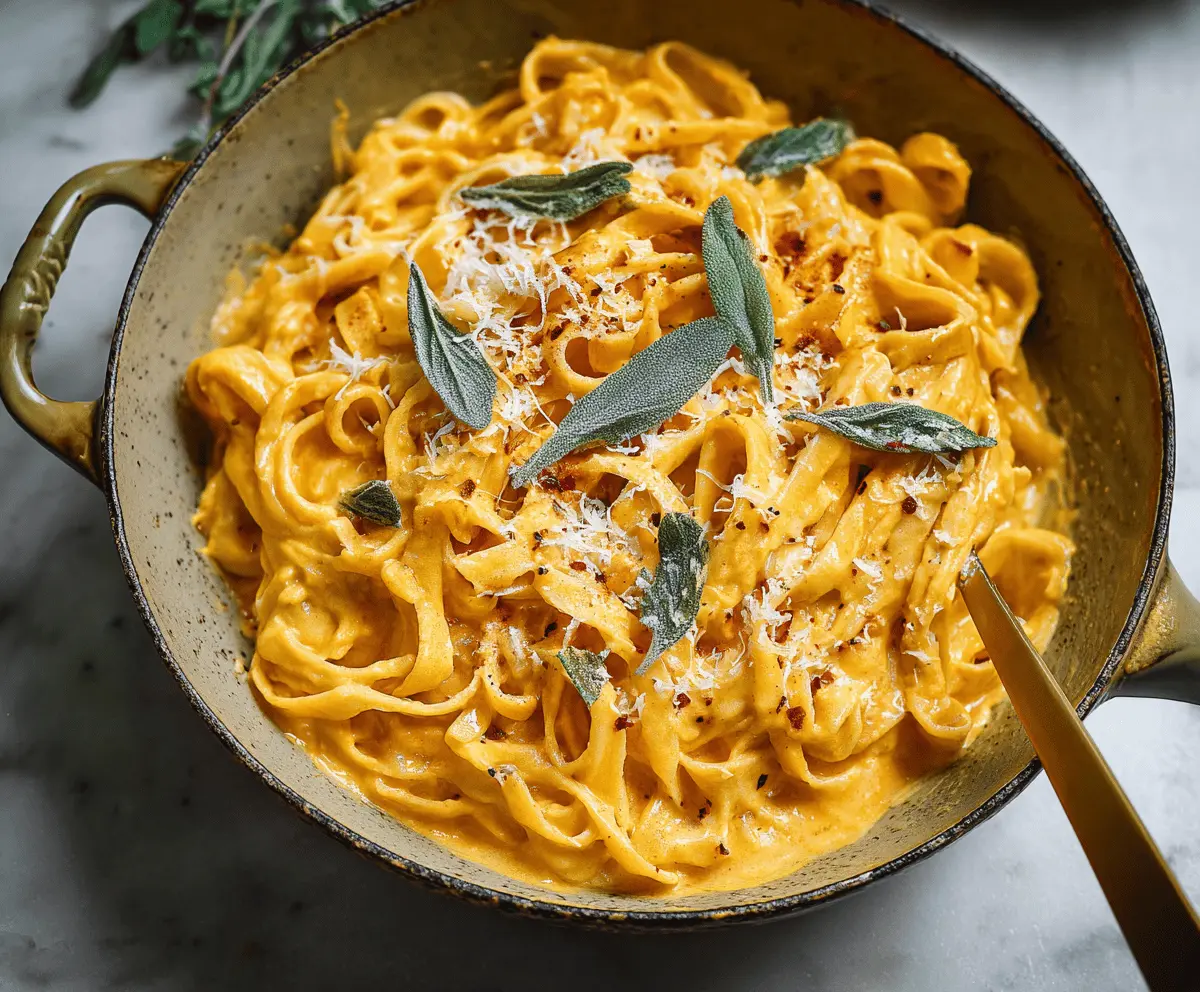 Creamy pumpkin Alfredo pasta topped with grated cheese and fresh herbs in a white bowl, perfect for fall comfort food