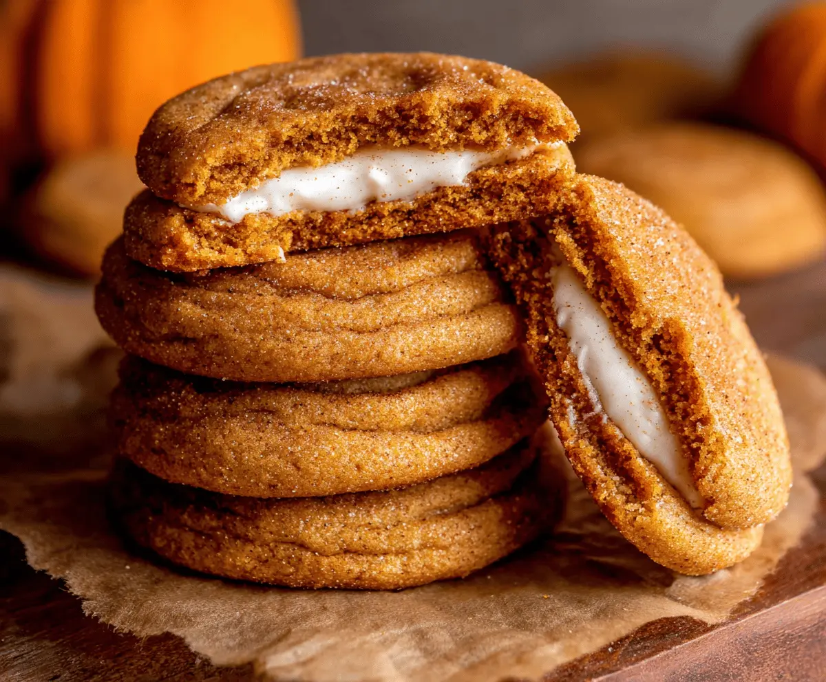 Delicious pumpkin cheesecake-filled cookies with creamy cream cheese filling and pumpkin spice flavor, perfect for fall desserts