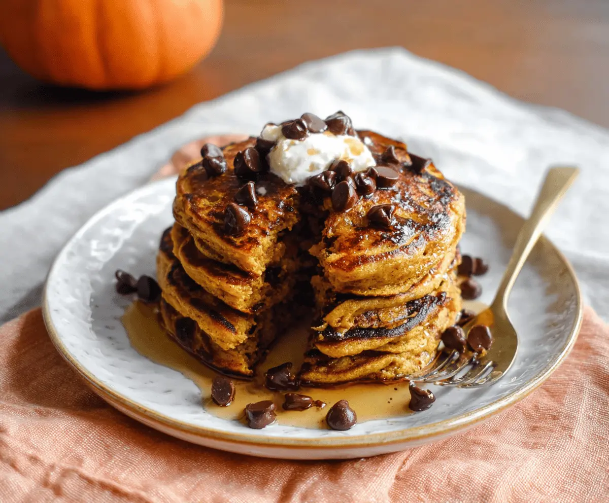 Delicious pumpkin chocolate chip pancakes topped with whipped cream and fresh pumpkin slices, perfect for a cozy breakfast or brunch.